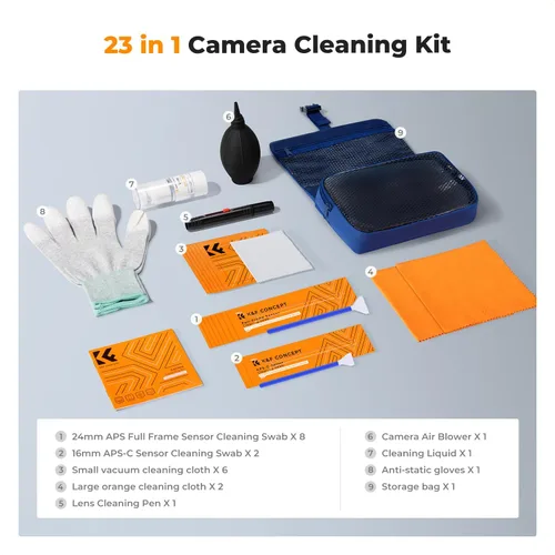 Miniatura 2 de K&F Concept Kit profesional de limpieza de cámara: limpiador de sensores, hisopos APS-C y de fotograma completo, soplador de aire, cepillo