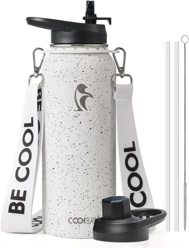 Miniatura 16 de Botella de agua Coolflask de 40 onzas con correa, botella de agua metálica aislada con popote y tapas con pico, acero inoxidable de doble pared al