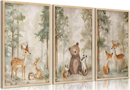 Miniatura 9 de MIZILI Lienzo de animales del bosque para cuarto de bebé, arte de pared, pinturas de animales salvajes, acuarela, decoración de pared, oso zorro