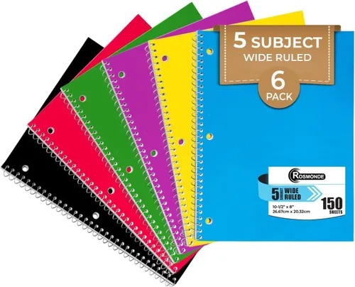 Rosmonde Cuaderno de 5 materias con rayas anchas, paquete de 6, 300 páginas (150 hojas), 8 x 10-1/2 pulgadas, cuaderno espiral de 5 materias con