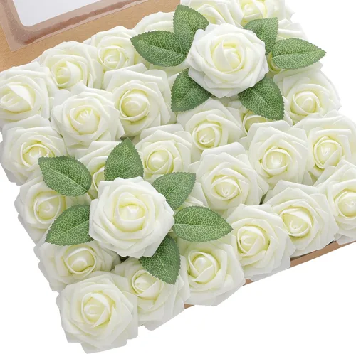 Miniatura 10 de DerBlue 60 rosas artificiales con tallo y 10 hojas verdes, rosas falsas de aspecto real, rosas artificiales de espuma para decoración de bodas