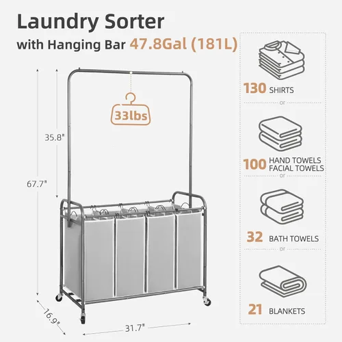 Miniatura 3 de STORAGE MANIAC Clasificador de ropa sucia con barra para colgar, portátil, extraíble con ruedas enrollables resistentes y bolsas extraíbles