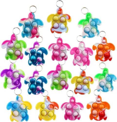 Miniatura 9 de Paquete de 100 llaveros para ansiedad con diseño de tortuga, mini juguetes de silicona para reventar burbujas, de teñido anudado, para aliviar