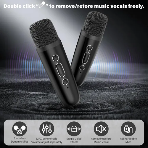 Miniatura 7 de JYX Mini Máquina de Karaoke para Niños, Altavoz de Karaoke Bluetooth Portátil con Gabinetes Sin Energía, 2 Micrófonos Inalámbricos y Luces de Fiesta