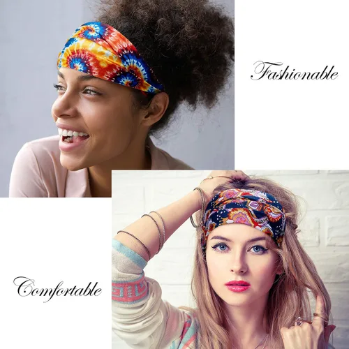 Miniatura 6 de Syhood 8 diademas africanas para mujer, banda ancha elástica con estampado bohemio, para yoga, deportes, entrenamiento, diadema elástica con nudo