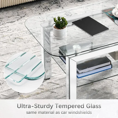 Miniatura 6 de Mesa auxiliar rectangular con parte superior de vidrio con patas de espejo plateadas para sala de estar, moderna y glamorosa mesa de vidrio templado