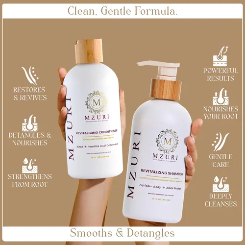 Miniatura 3 de MZURI Juego de champú y acondicionador – Jabón negro africano y champú de karité + acondicionador de madera de cedro de vainilla Limpieza