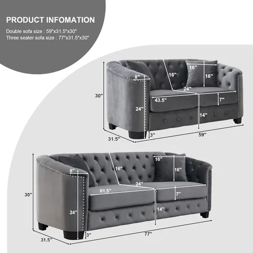 Miniatura 2 de Juego de 2 sofás modernos de terciopelo Chesterfield de 77" para 3 plazas + 59" loveseat, tapizados con respaldos capitoné con brazos de tachuelas