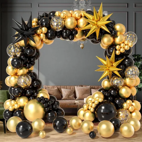 Miniatura 2 de Kit de arco de guirnalda de globos negro y dorado 158 piezas con globos de confeti negro y dorado, globos de papel de aluminio estrella