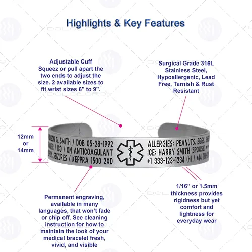 Miniatura 11 de Pulsera de identificación de alerta médica, acero inoxidable 316L, personaliza y personaliza, selecciona un tamaño de muñeca, de 6 a 9 pulgadas