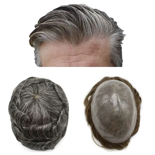 Miniatura 42 de Toupee para hombres Cabello humano real suave Poly Skin Mens Toupee Hair Units System Natural Looking Grey Brown Blonde Mens Hairpiece Protesis