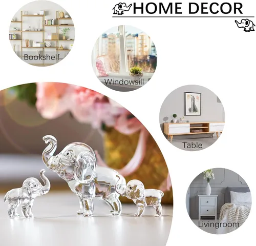Miniatura 5 de HDCRYSTALGIFTS Juego de 3, figuras coleccionables de elefante de cristal, animales de la suerte, pisapapeles, decoración del hogar, centro de mesa