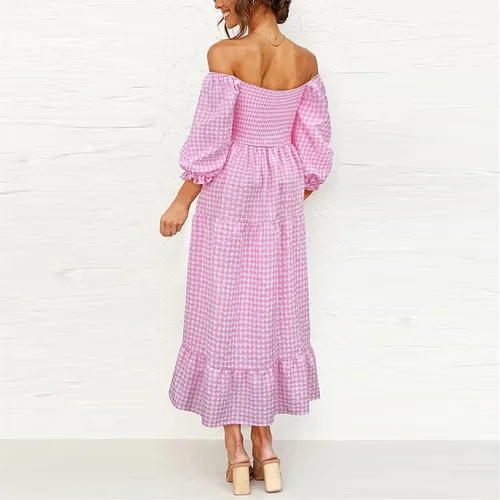 Miniatura 4 de NIUQI Vestido midi bohemio a cuadros para mujer cuello cuadrado hombros descubiertos manga abombada fruncido escalonado con volantes