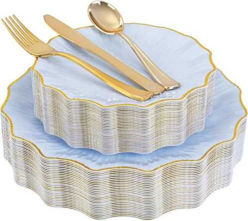 Miniatura 10 de U-QE 150 platos de plástico negro con cubiertos de plástico dorado, platos negros desechables para fiestas, incluyen 30 platos llanos de 10.25