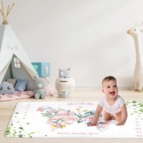 Miniatura 5 de Manta de hito para bebé personalizada con nombre, manta personalizada de flores en forma de mariposa con tabla de crecimiento calendario, manta