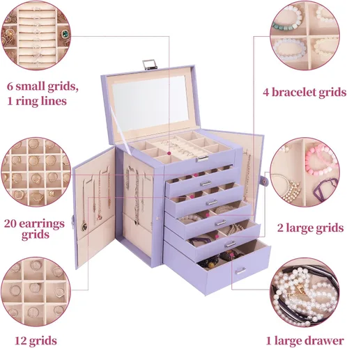 Miniatura 3 de BOOVO Joyero para mujer, organizador de joyas grande de 6 capas con espejo, caja de almacenamiento multifunción con cerradura, soporte