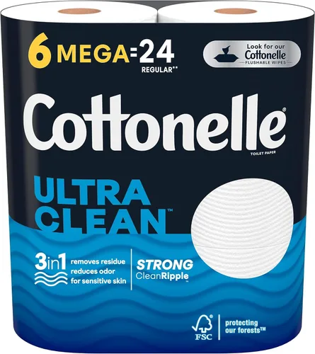 Cottonelle Papel higiénico ultra limpio, tejido de baño fuerte, 6 megarrollos (6 megarrollos = 24 rollos normales), 312 hojas por rollo