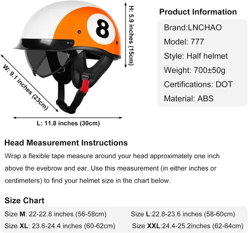 Miniatura 6 de Medio casco de motocicleta con visera para adultos y jóvenes, cascos retro aprobados por DOT para hombres y mujeres, compatibles con ciclomotor
