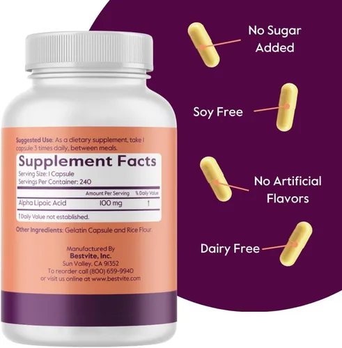 Miniatura 3 de BESTVITE Ácido alfa lipoico 100 mg (240 cápsulas) - Sin estearatos - Sin agentes de flujo - Sin OMG - Sin gluten