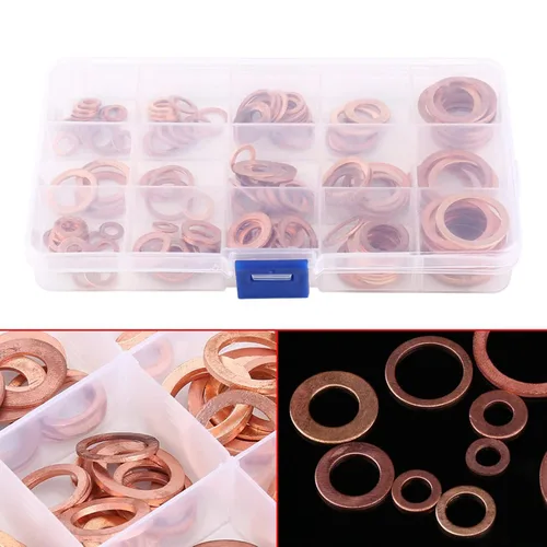 Miniatura 4 de 150 piezas métricas de 15 tamaños de arandela plana de cobre, juego surtido de pernos de arandelas surtidas con caja arandelas aislantes