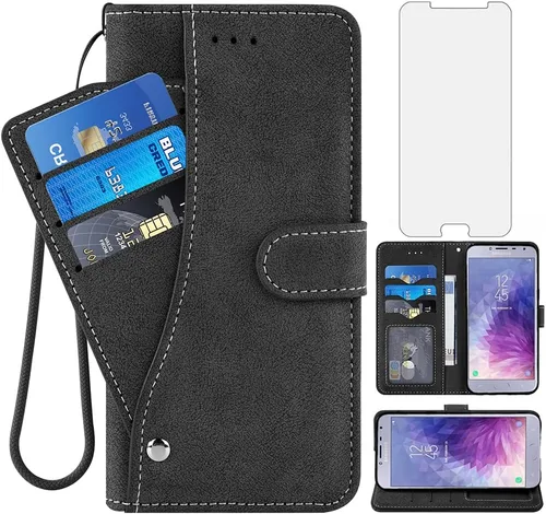 Asuwish Funda tipo cartera compatible con Samsung Galaxy J4 2018 y protector de pantalla de vidrio templado, correa de muñeca, soporte para tarjeta