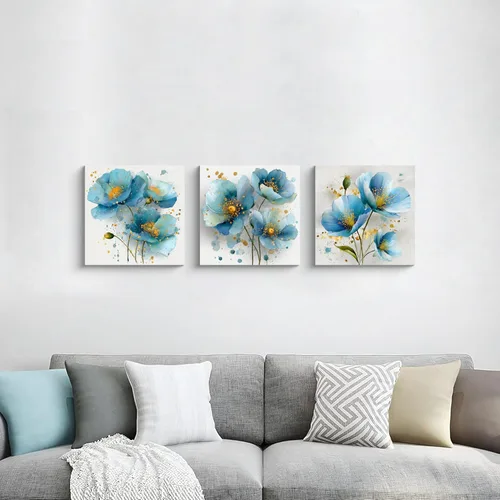 Miniatura 3 de NAN Wind 3 piezas de arte de pared de flores azules, impresión botánica moderna, ilustración floral floreciente, salpicaduras de acuarela y elegante