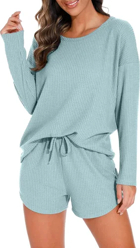 Miniatura 4 de PrinStory Conjunto de pijama para mujer, conjunto de 2 piezas de punto gofre, conjunto de ropa de descanso con bolsillos
