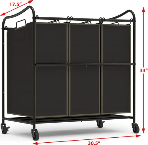 Miniatura 2 de Simple Houseware Carrito rodante clasificador de lavandería de 3 bolsas resistente, bronce