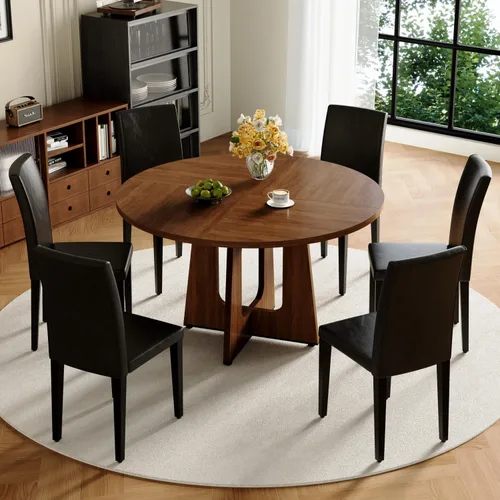 Miniatura 14 de Juego de mesa de comedor redonda de 47 pulgadas para 4, mesa de grano de madera de nogal y 4 sillas tapizadas de piel sintética negra, juego de mesa
