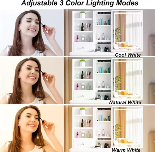 Miniatura 3 de Escritorio de Tocador Tocador de Maquillaje con Espejo Deslizante y Luces, Juego de Tocador de Maquillaje con Cajones, Taburete y Estantes Abiertos