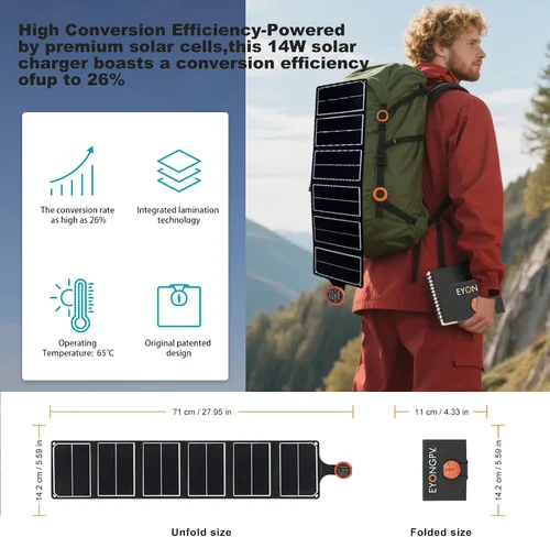 Miniatura 2 de EYONGPV Panel solar plegable portátil de 14 W y cargador solar con salida USB-C Croc-Eye, cargador solar compacto impermeable IP67 para teléfonos