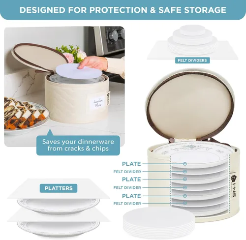 Miniatura 3 de Juego de 8 cajas de almacenamiento de China para vajilla, vasos, platos, tazas y platillos, organizador de platos resistente con divisores para Beige