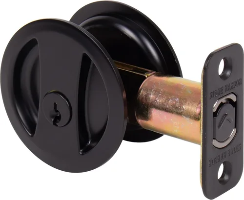 Miniatura 6 de Stone Harbor Hardware Cerradura de puerta de bolsillo redondo, función de entrada, fondo de 2-3/8", níquel satinado
