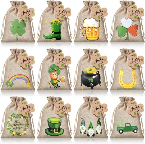 Shappy Juego de 24 bolsas de regalo del día de San Patricio con cordón de arpillera de trébol verde para fiesta, bolsas de dulces, trébol irlandés,