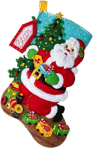 Bucilla Kit de Aplicación de Fieltro de 18" para Hacer Calcetines, Tren de Juguete Santa, Perfecto para Artes y Manualidades DIY, 89485E