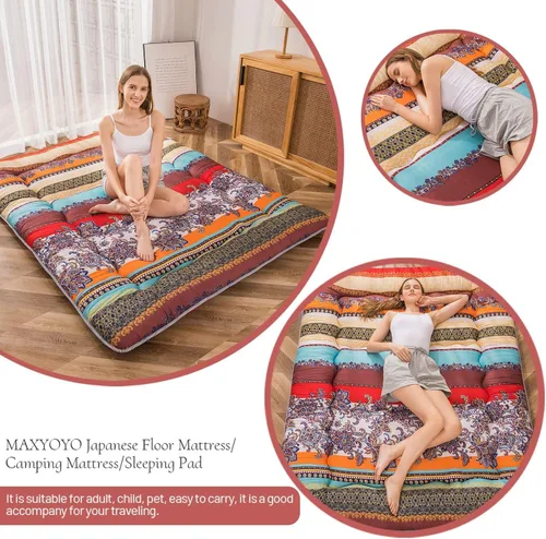 Miniatura 4 de MAXYOYO Colchón bohemio retro de suelo, clásico, floral, estilo japonés; futón enrollable y grueso para dormir, portátil, para campamento que se