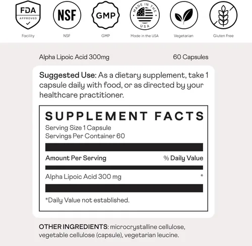 Miniatura 8 de Nuray Ácido alfa lipoico 300 mg - Soporte nervioso, antioxidante, energía, reparación nerviosa, apoyo al metabolismo, 60 días, cápsulas