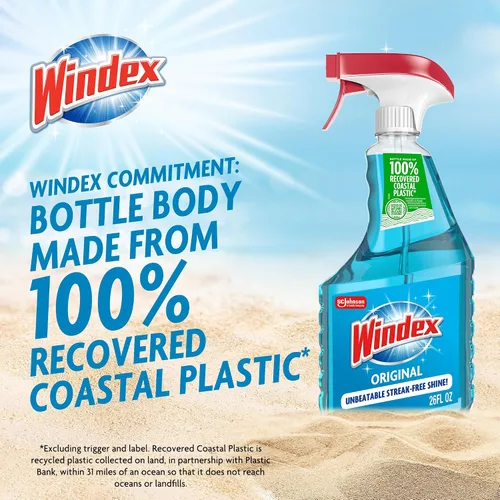 Miniatura 7 de Windex Spray limpiador de vidrio y ventanas, botella hecha de plástico 100% reciclado, espray de limpieza de superficies, aroma azul original, 23