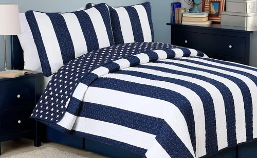 Miniatura 8 de Cozy Line Home Fashions Juego de ropa de cama acolchada reversible para niño de 100% algodón a rayas azul marino, colcha cubrecama para todas
