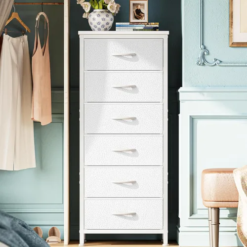 Huuger Cómoda alta para dormitorio, cómoda estable de 7 cajones con dispositivo antipunta, cajones de piel sintética y tela, mesita de noche alta
