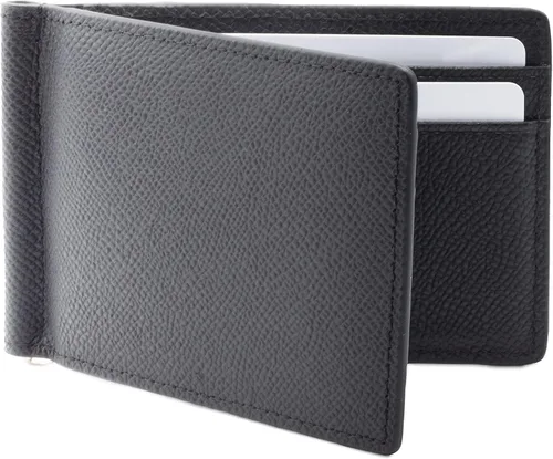 Miniatura 2 de Billetera plegable súper delgada, de piel auténtica, minimalista, con bolsillo frontal, para hombre, con clip para dinero, bloqueo RFID, Negro