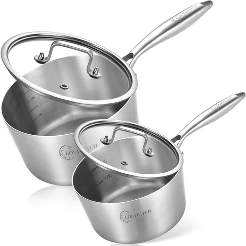 LOLYKITCH Juego de cacerolas de acero inoxidable de tres capas con tapas de vidrio, ollas de cocina de 1 cuarto y 2 cuartos, sartenes de metal con