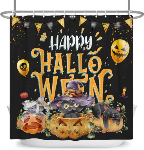 Miniatura 6 de Cortina de ducha de Halloween, cortinas de ducha de calabaza y gato aterradoras para baño, decoración de fiesta de Hlloween, cortina de baño