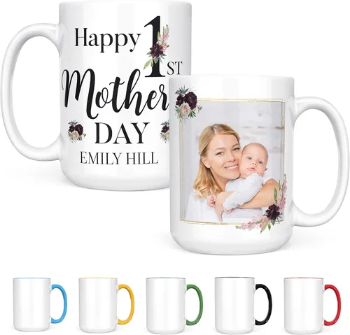 Miniatura 9 de Regalos para el primer día de la madre, taza de café personalizada con foto y nombre, 11 o 15 onzas, 10 opciones de color, taza personalizada