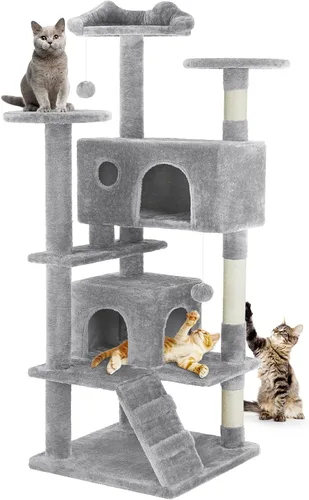 Miniatura 17 de DUMOS Torre grande de árbol para gatos de 66 pulgadas, torre alta de escalada para gatos de varios niveles con postes rascadores de sisal natural