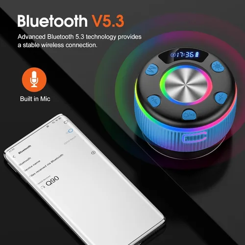 Miniatura 7 de Altavoz de ducha Bluetooth, IP7 impermeable, portátil, Bluetooth 5.3 con ventosa, mini altavoz inalámbrico con luces RGB, pantalla de tiempo, sonido