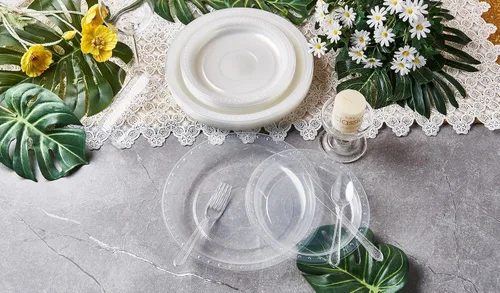 Miniatura 5 de FULING Juego de vajilla desechable de 175 piezas de suministros transparentes para fiestas, platos de plástico y servilletas de papel, tazas