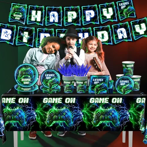 Miniatura 3 de Suministros para fiesta de cumpleaños de videojuegos, 142 piezas de platos y servilletas de neón para videojuegos, mantel de plástico para niños
