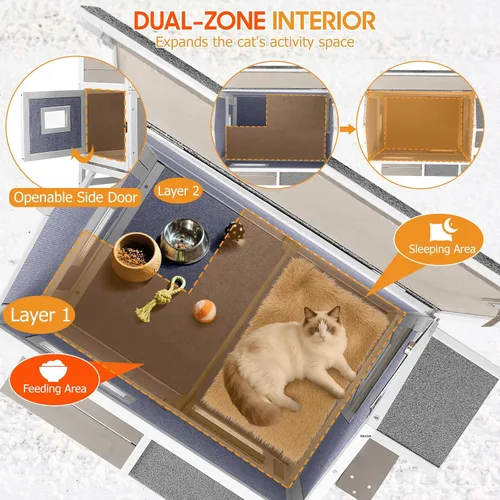 Miniatura 3 de PetsCosset Casa Aislada para Gatos de Exterior Resistente a la Intemperie con Balcón, Aislamiento Integral, Refugio de Madera para Gatos Ferales
