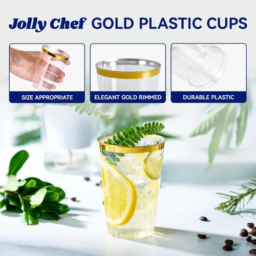 Miniatura 4 de JOLLY CHEF Paquete de 100 vasos de plástico desechables dorados, vasos de plástico transparente de 12 onzas, elegantes vasos desechables con borde